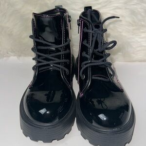 Girls' J-Mirra Shiny Black/Pink Combat Boots (Youth)